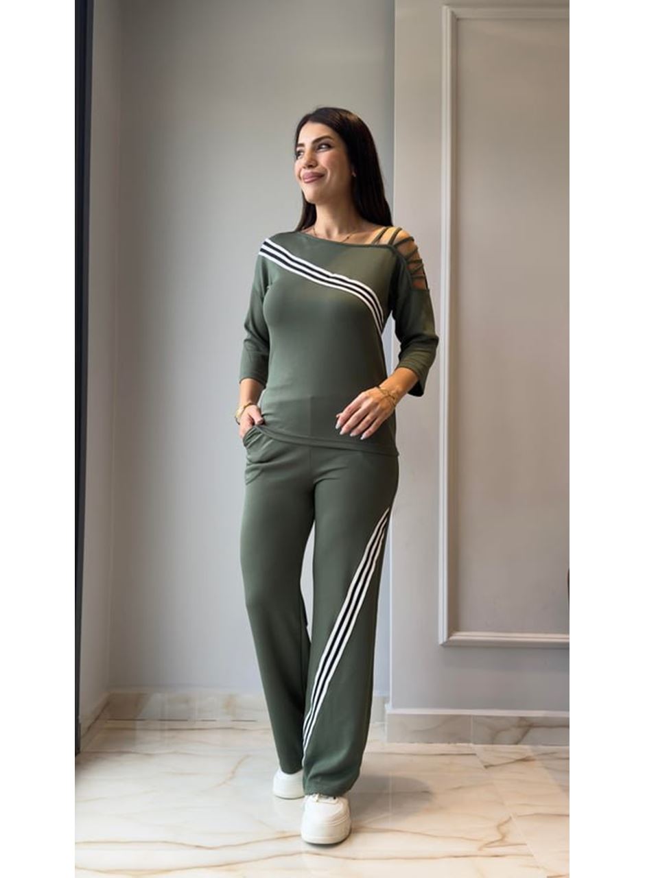 Kadın Uzun Kollu Truvakar Kol Tek Omuz çapraz şerit Detaylı Ribanalı Viskon Iki Iplik Bluz Ve Pantolon Ikili Takım