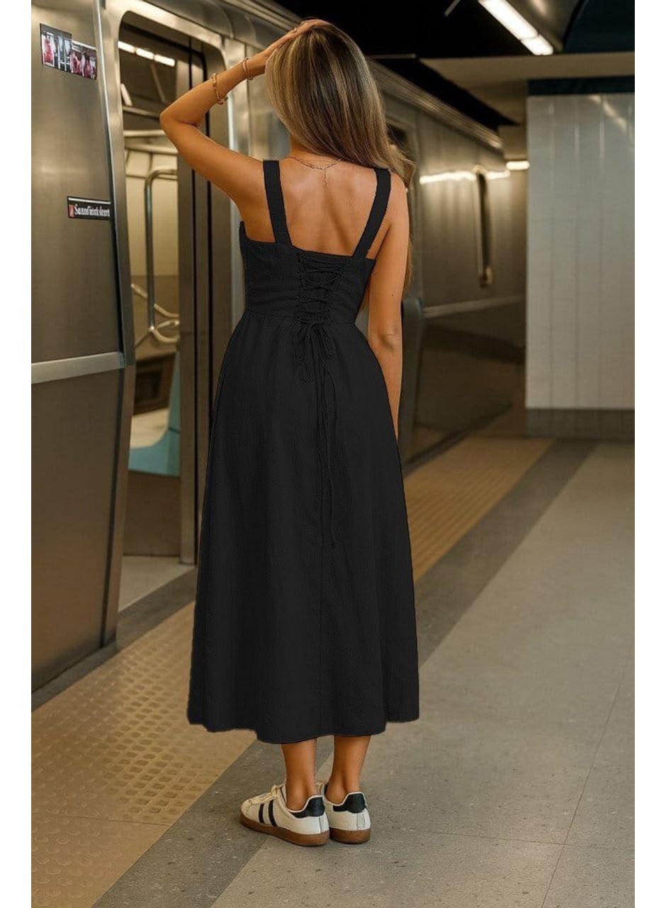 Kadın Askılı Geniş V Yakalı Sırttan Bağlamalı Yırtmaçlı Süprem Elbise