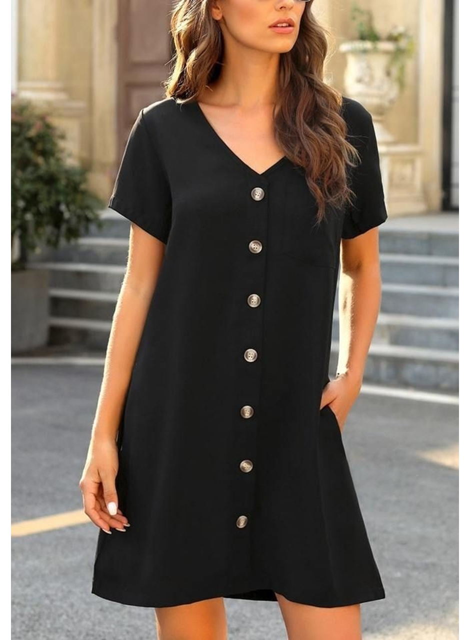 Kadın Kısa Kollu V Yaka önü Düğmeli Viskon Elbise