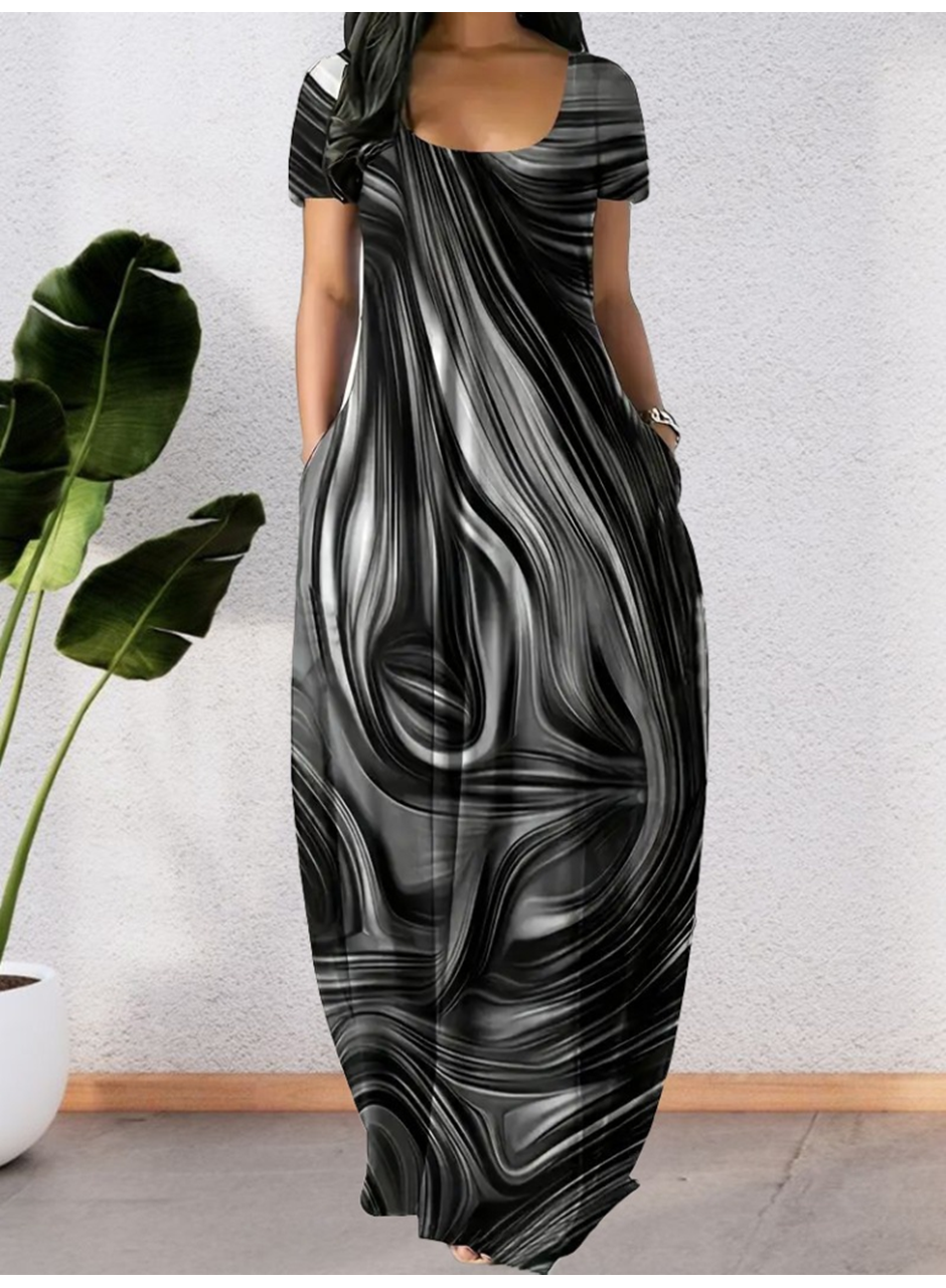 Kadın Kısa Kollu Yuvarlak Yaka Cepli Salaş Baskılı Süprem Elbise