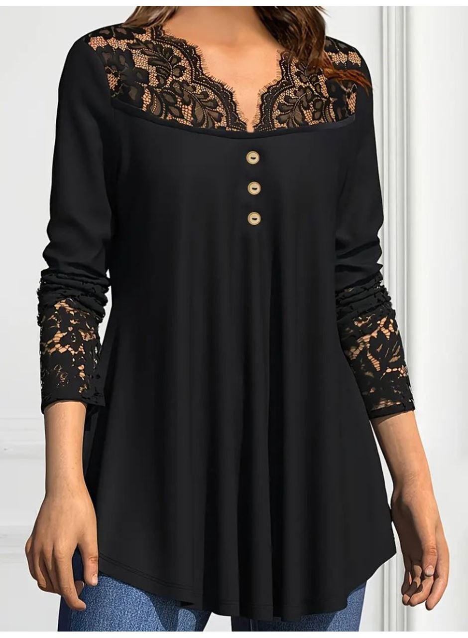 Kadın Uzun Kollu Dantel Detaylı Düğmeli Viskon Bluz