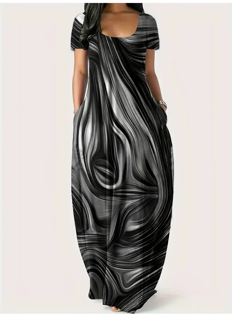 Kadın Kısa Kollu Yuvarlak Yaka Cepli Salaş Baskılı Süprem Elbise