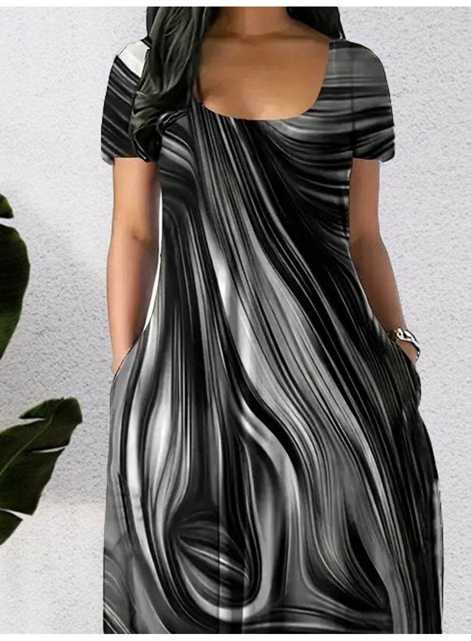 Kadın Kısa Kollu Yuvarlak Yaka Cepli Salaş Baskılı Süprem Elbise