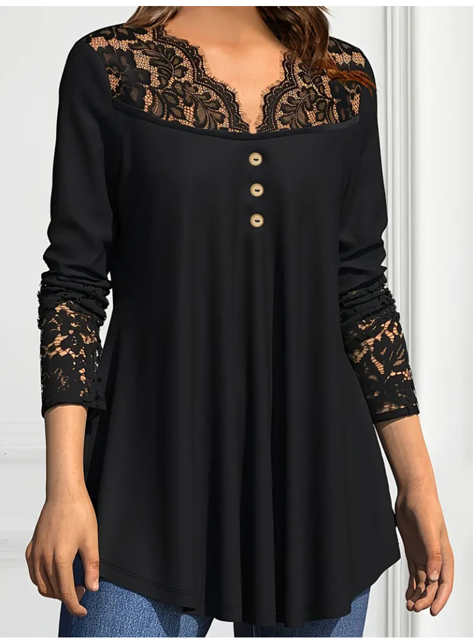 Kadın Uzun Kollu Dantel Detaylı Düğmeli Viskon Bluz