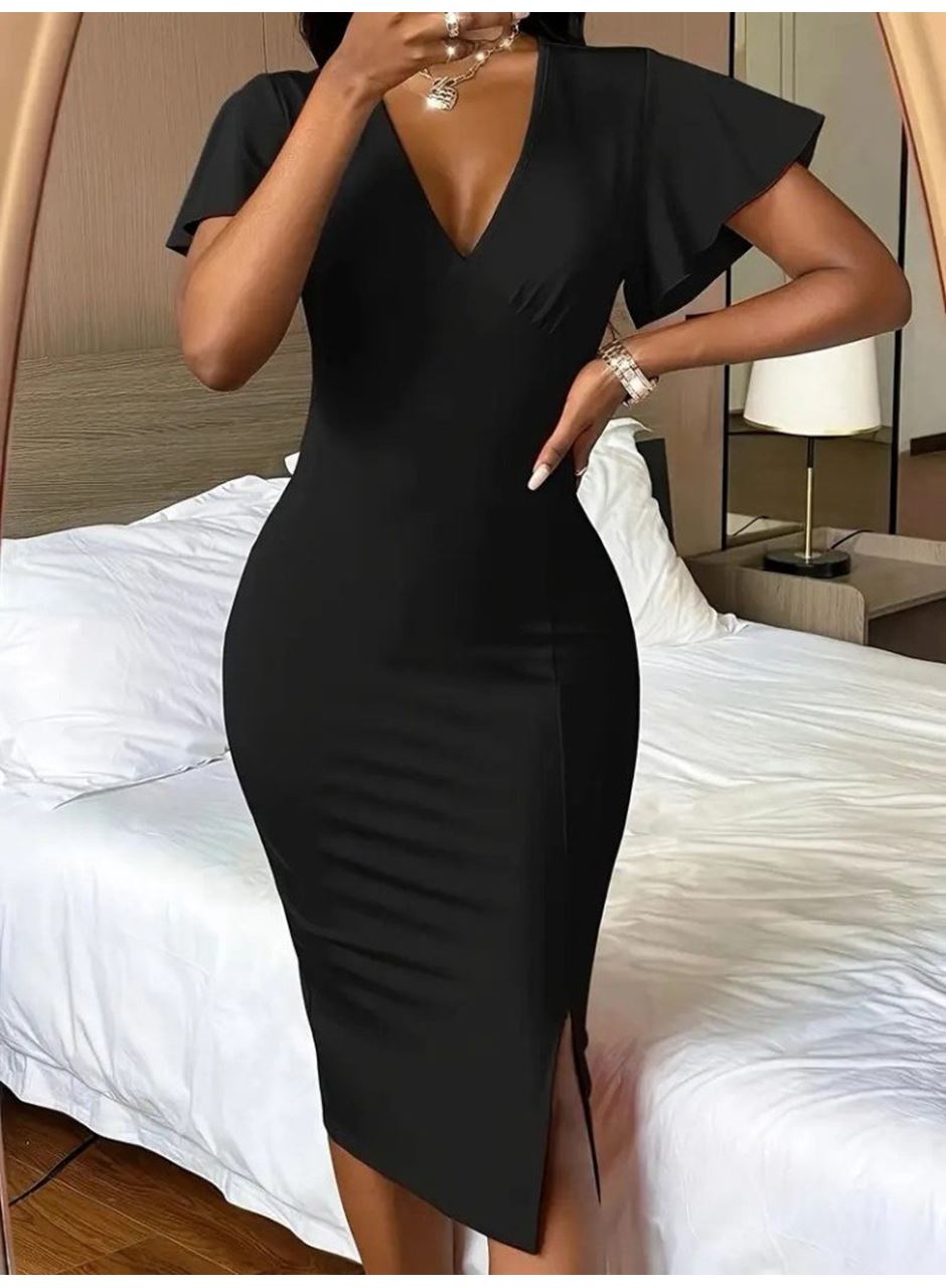 Kadın Kısa Kollu Derin Dekolte V Yakalı Yırtmaçlı Midi Janjan Krep Elbise