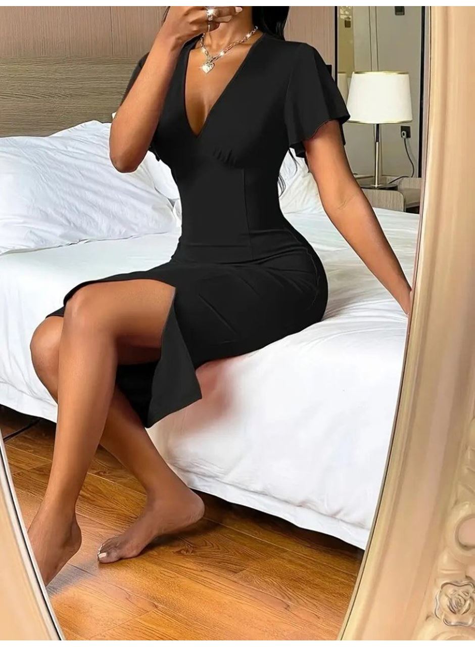 Kadın Kısa Kollu Derin Dekolte V Yakalı Yırtmaçlı Midi Janjan Krep Elbise