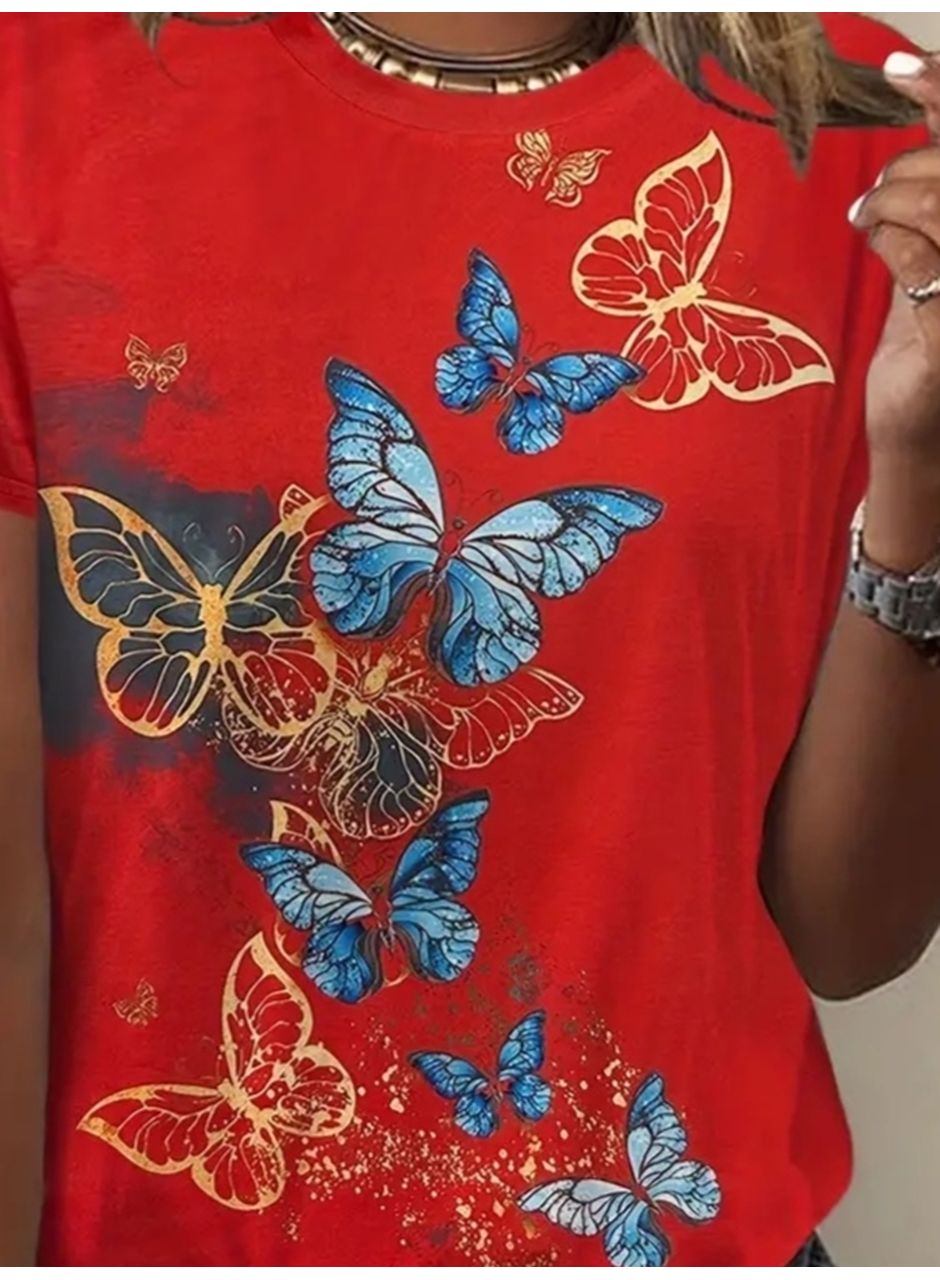 Kadın Kısa Kollu Mavi Sarı Kelebek Baskı Süprem Bluz