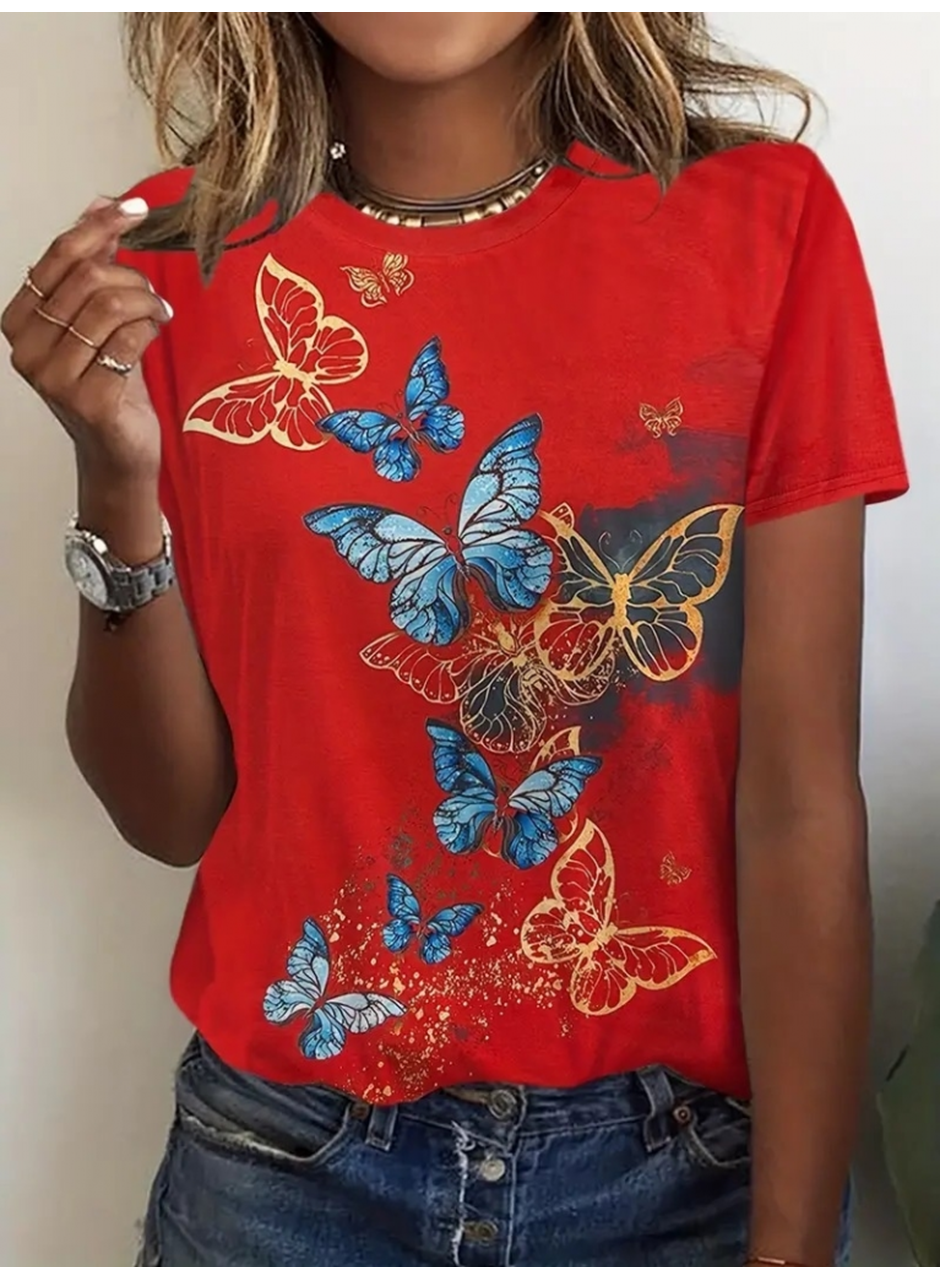 Kadın Kısa Kollu Mavi Sarı Kelebek Baskı Süprem Bluz