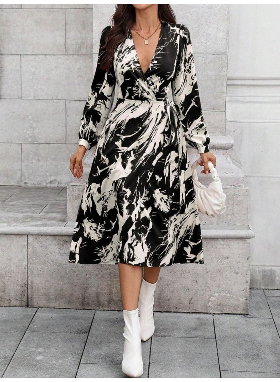 Kadın Uzun Kollu Kruvaze Yakalı Yandan Bağlamalı Desenli Mini Modal Elbise