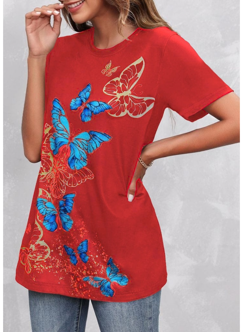 Kadın Kısa Kollu Mavi Sarı Kelebek Baskı Süprem Bluz