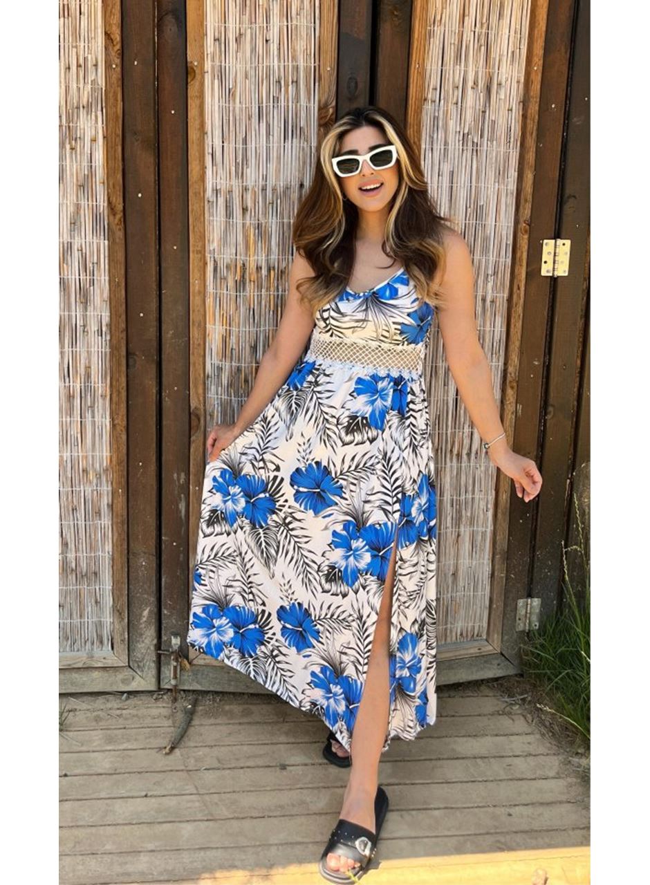 Kadın Ip Askılı V Yakalı Bel Güpür çiçek Desenli Yandan Yırtmaçlı Maksi Süprem Elbise