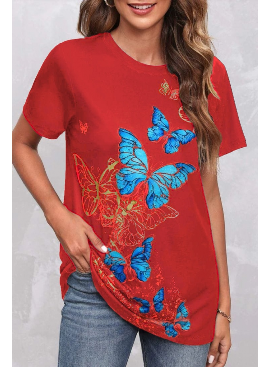 Kadın Kısa Kollu Mavi Sarı Kelebek Baskı Süprem Bluz