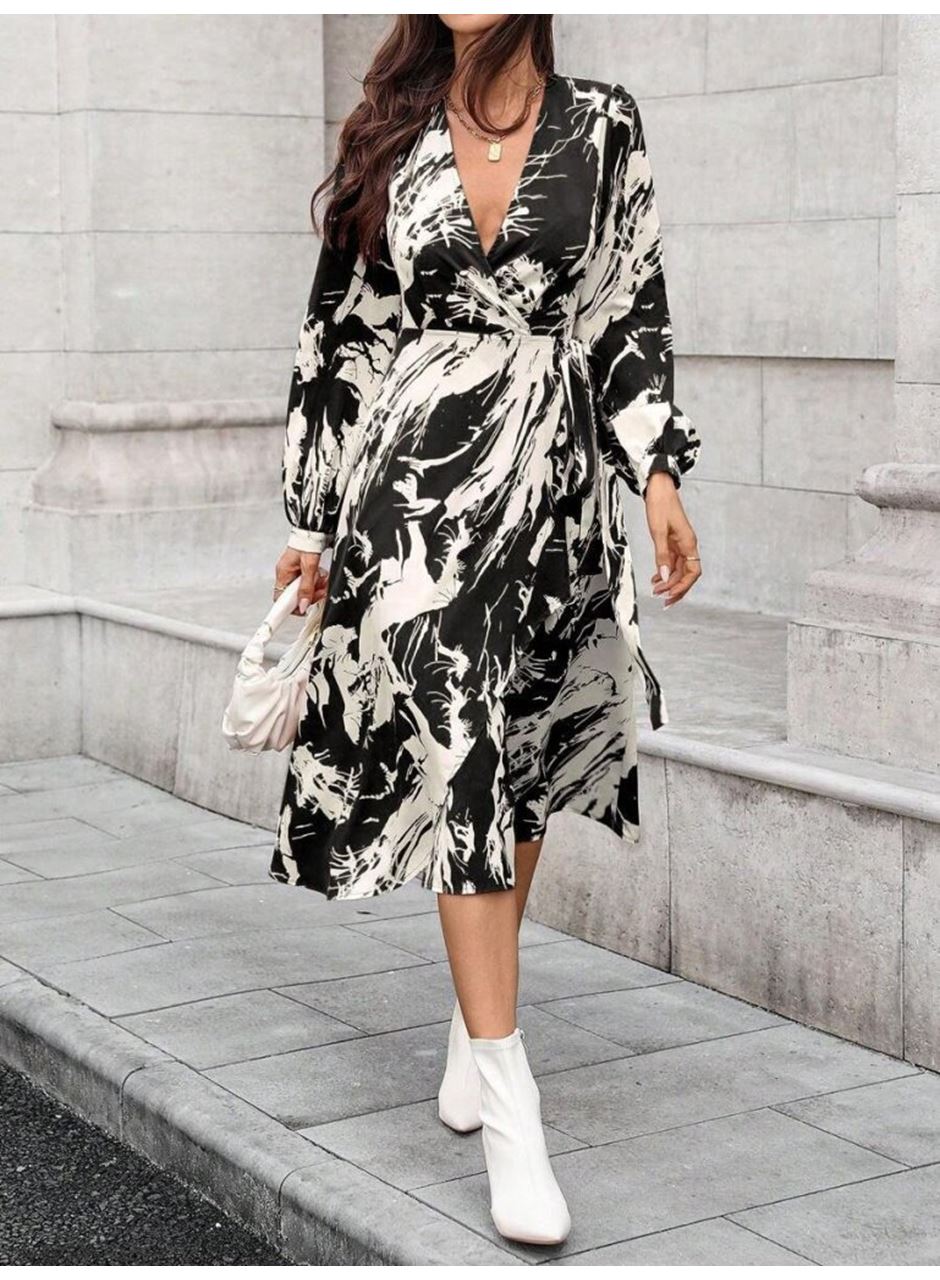 Kadın Uzun Kollu Kruvaze Yakalı Yandan Bağlamalı Desenli Mini Modal Elbise