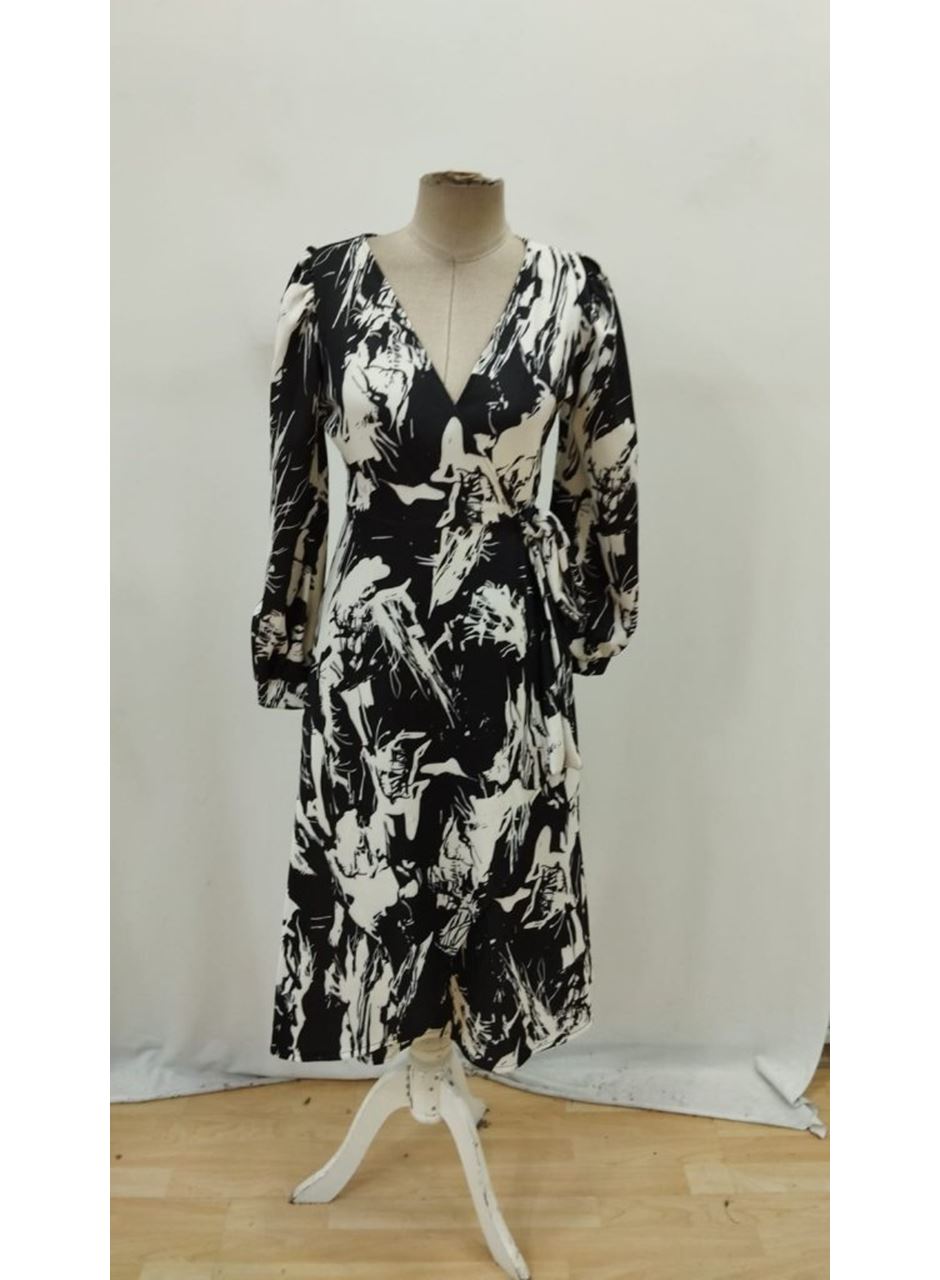 Kadın Uzun Kollu Kruvaze Yakalı Yandan Bağlamalı Desenli Mini Modal Elbise