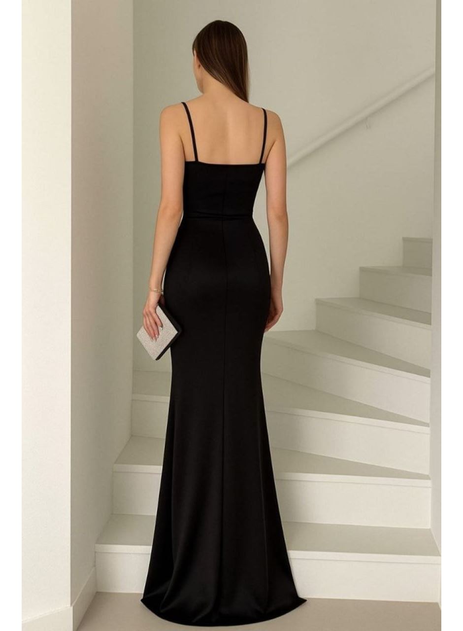 Kadın Dalgıç Kumaş V Yaka Yırtmaç Detaylı Maxi Boy Elbise