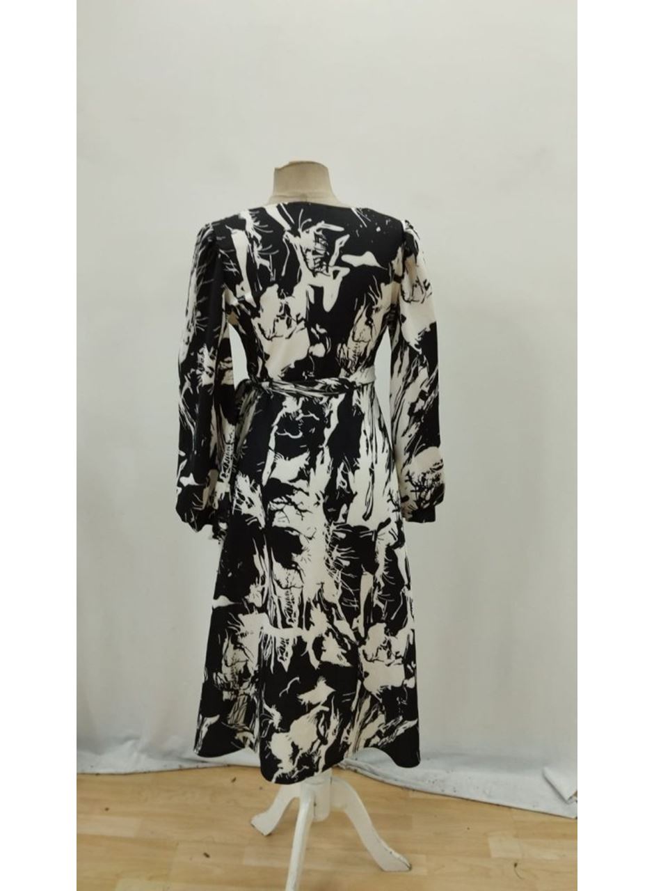 Kadın Uzun Kollu Kruvaze Yakalı Yandan Bağlamalı Desenli Mini Modal Elbise