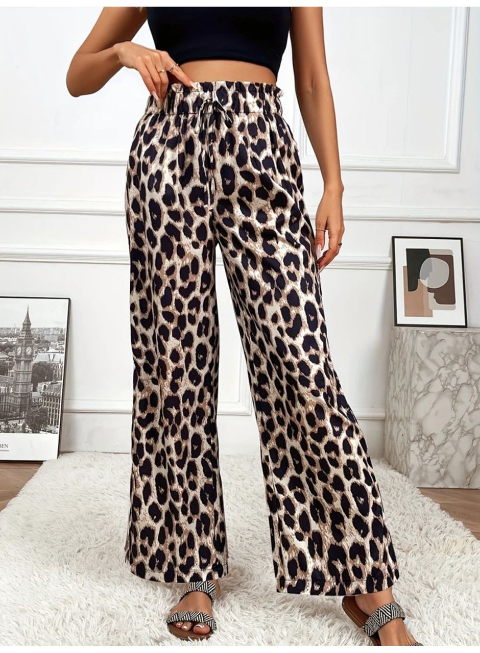 Kadın Yüksek Bel Beli Lastikli Bağcıklı Leopar Desenli Süprem Pantolon