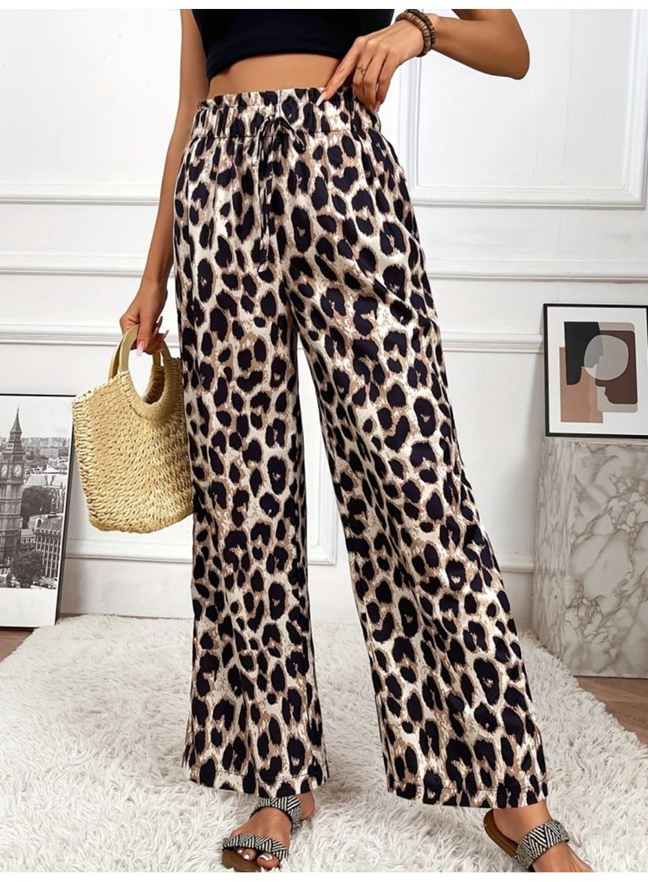 Kadın Yüksek Bel Beli Lastikli Bağcıklı Leopar Desenli Süprem Pantolon