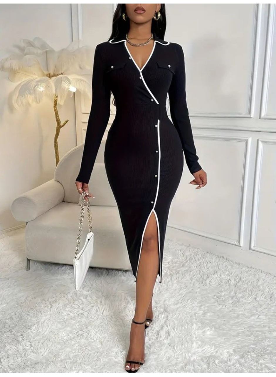 Kadın Uzun Kollu Yakalı Cepli Düğmeli Yırtmaç Detaylı Modal Uzun Elbise