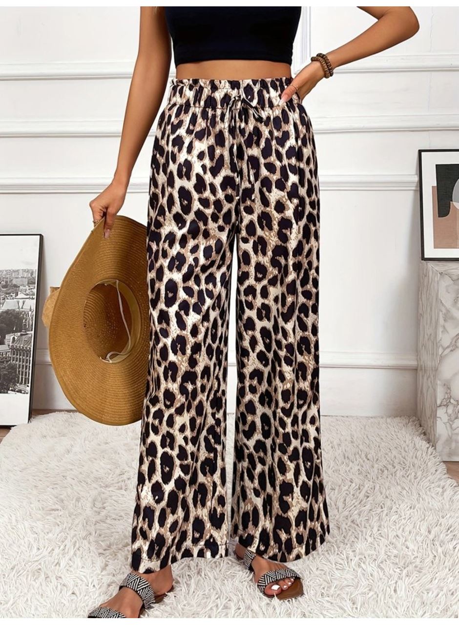 Kadın Yüksek Bel Beli Lastikli Bağcıklı Leopar Desenli Süprem Pantolon