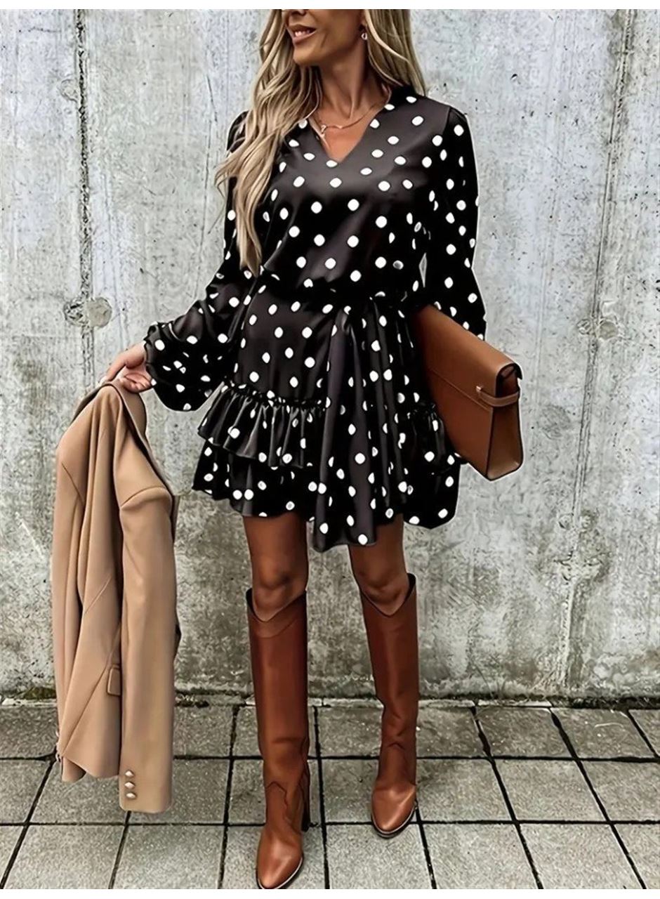 Kadın Uzun Kollu V Yakalı Belden Kuşaklı Puantiyeli Mini Modal Elbise