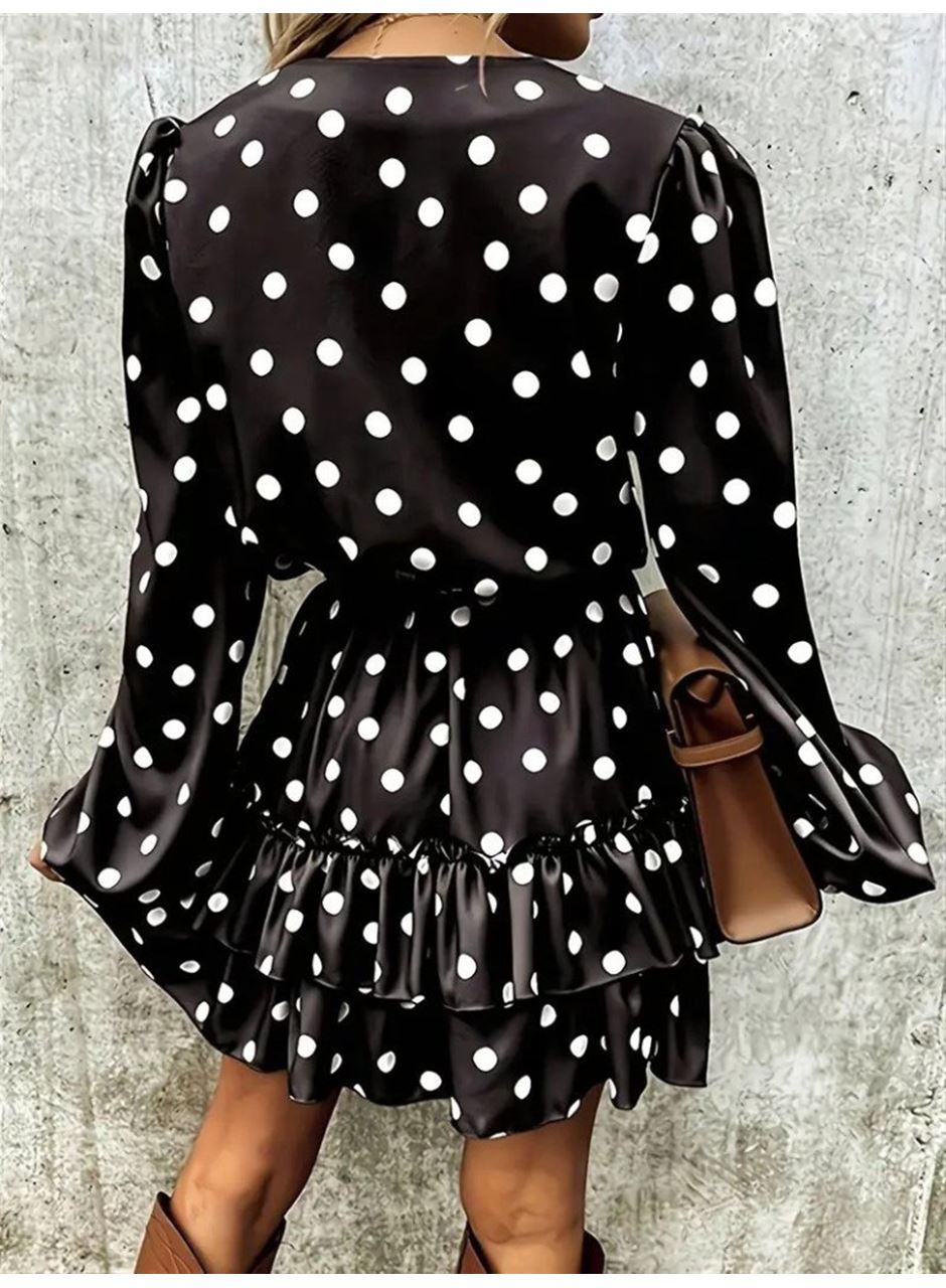Kadın Uzun Kollu V Yakalı Belden Kuşaklı Puantiyeli Mini Modal Elbise
