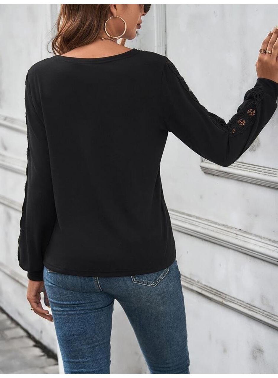Kadın Uzun Kollu V Yakalı Dantel Detaylı Viskon Bluz