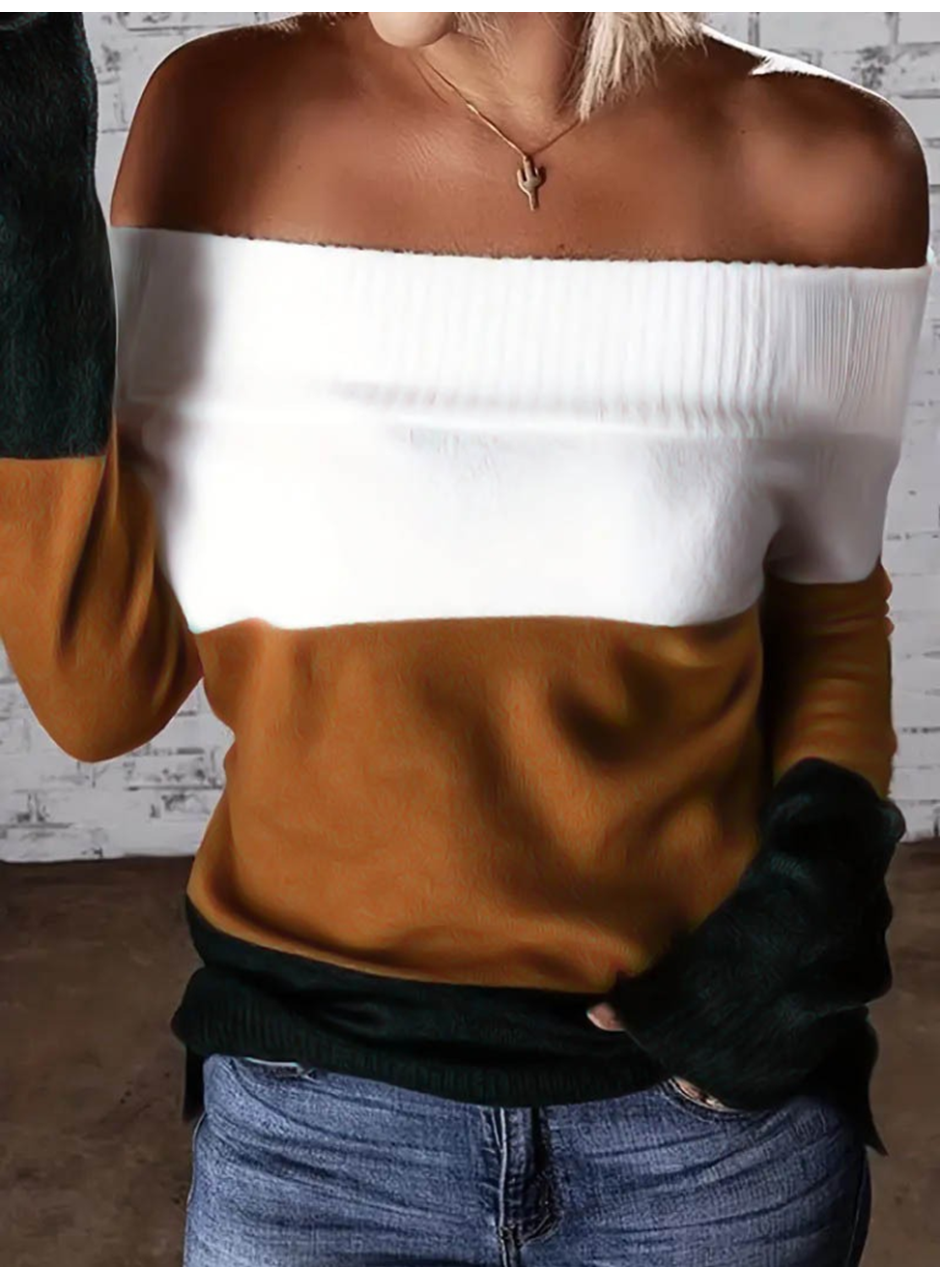 Kadın Uzun Kollu Omuzlardan Açık Uzun Kollu Blok çizgili Triko Bluz