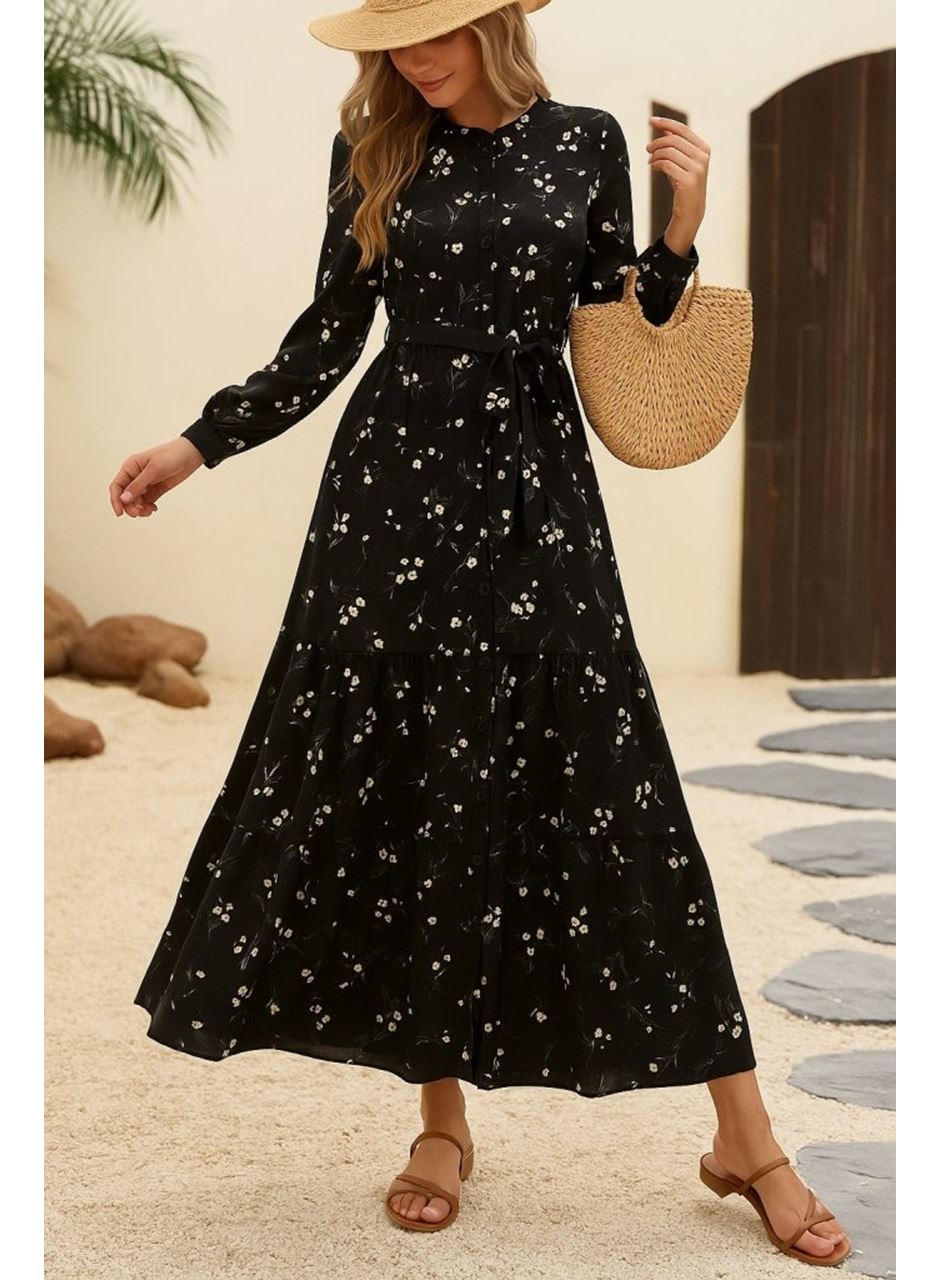 Kadın Uzun Kollu Hakim Yakalı Düğmeli Kuşaklı Desenli Maxi Mikro Süprem Elbise