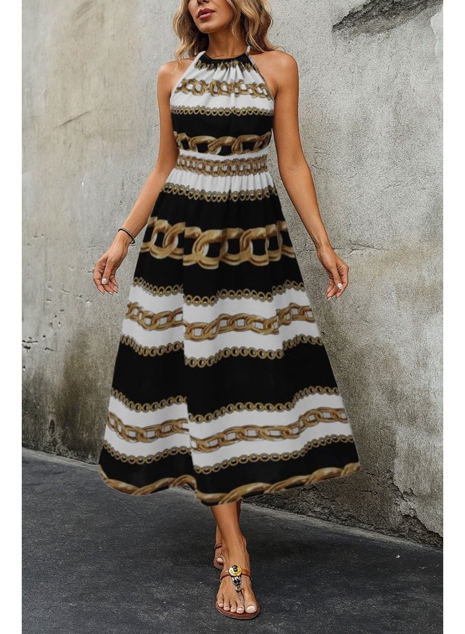 Kadın Kolsuz Boyundan Bağlamalı Beli Lastikli Dijital Baskı Süprem Uzun Elbise