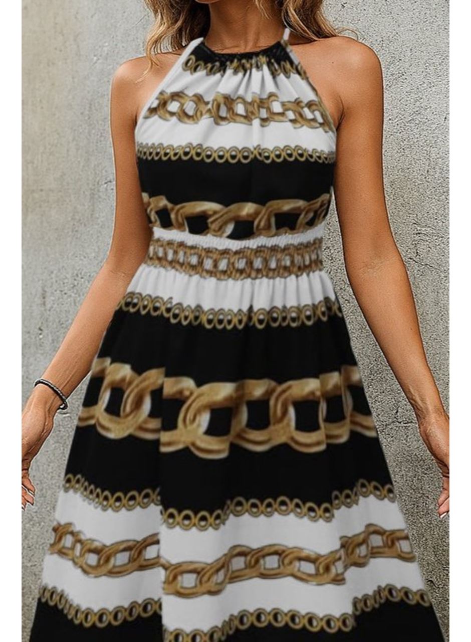 Kadın Kolsuz Boyundan Bağlamalı Beli Lastikli Dijital Baskı Süprem Uzun Elbise