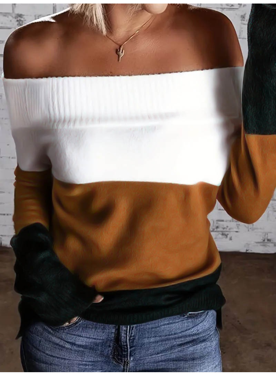 Kadın Uzun Kollu Omuzlardan Açık Uzun Kollu Blok çizgili Triko Bluz
