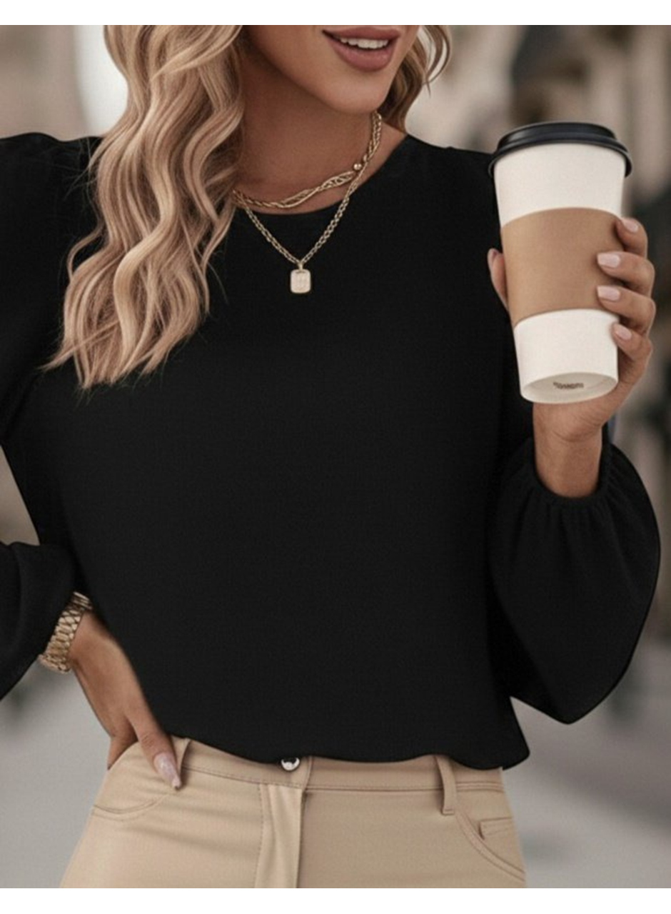 Kadın Uzun Kollu Yuvarlak Yaka Arkadan Bağcıklı Salaş Ithal Krep Bluz