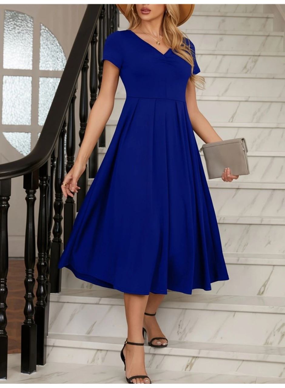 Kadın Kısa Kollu V Yakalı önden Pileli Midi Janjan Krep Elbise