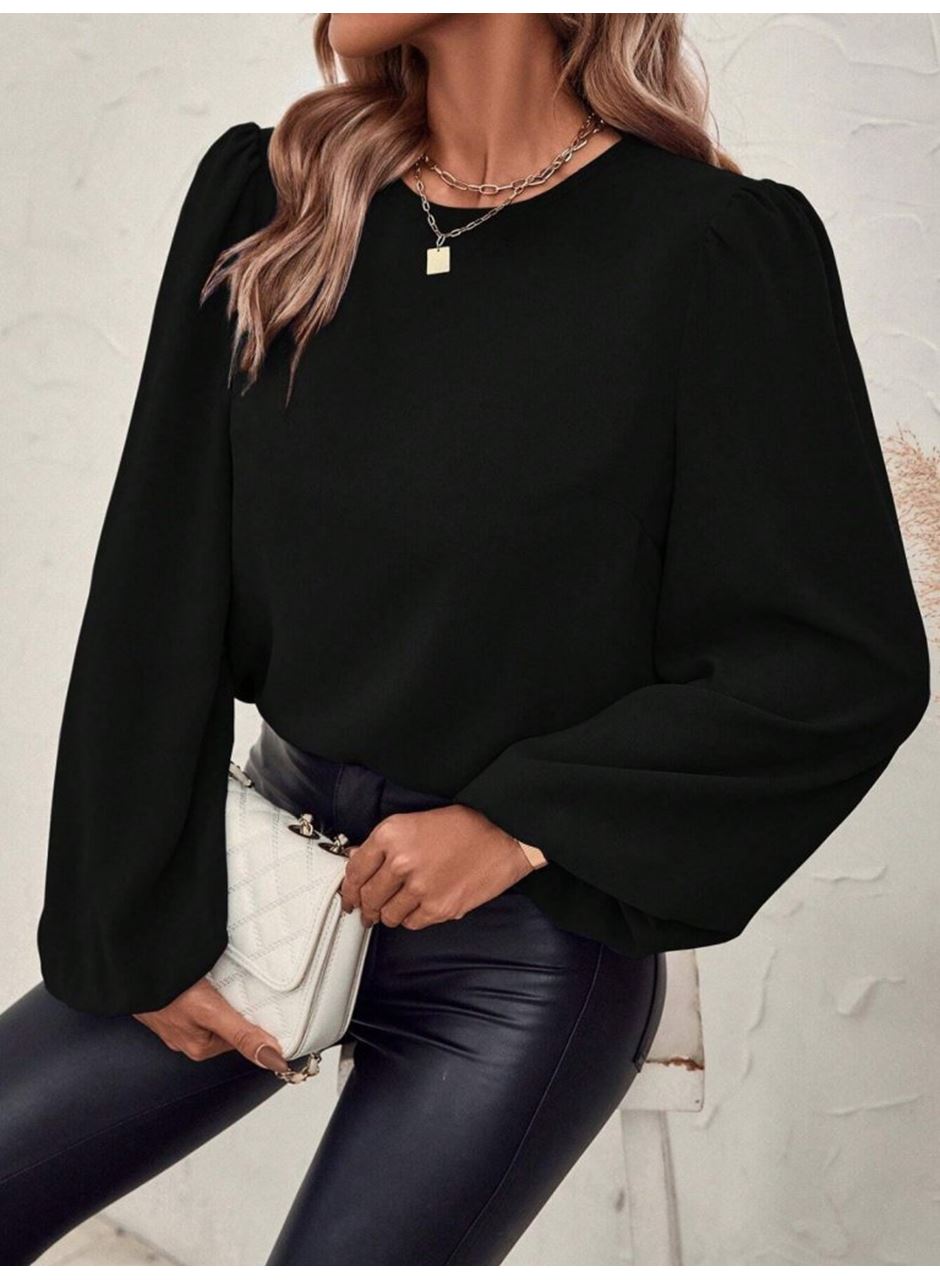 Kadın Uzun Kollu Yuvarlak Yaka Arkadan Bağcıklı Salaş Ithal Krep Bluz