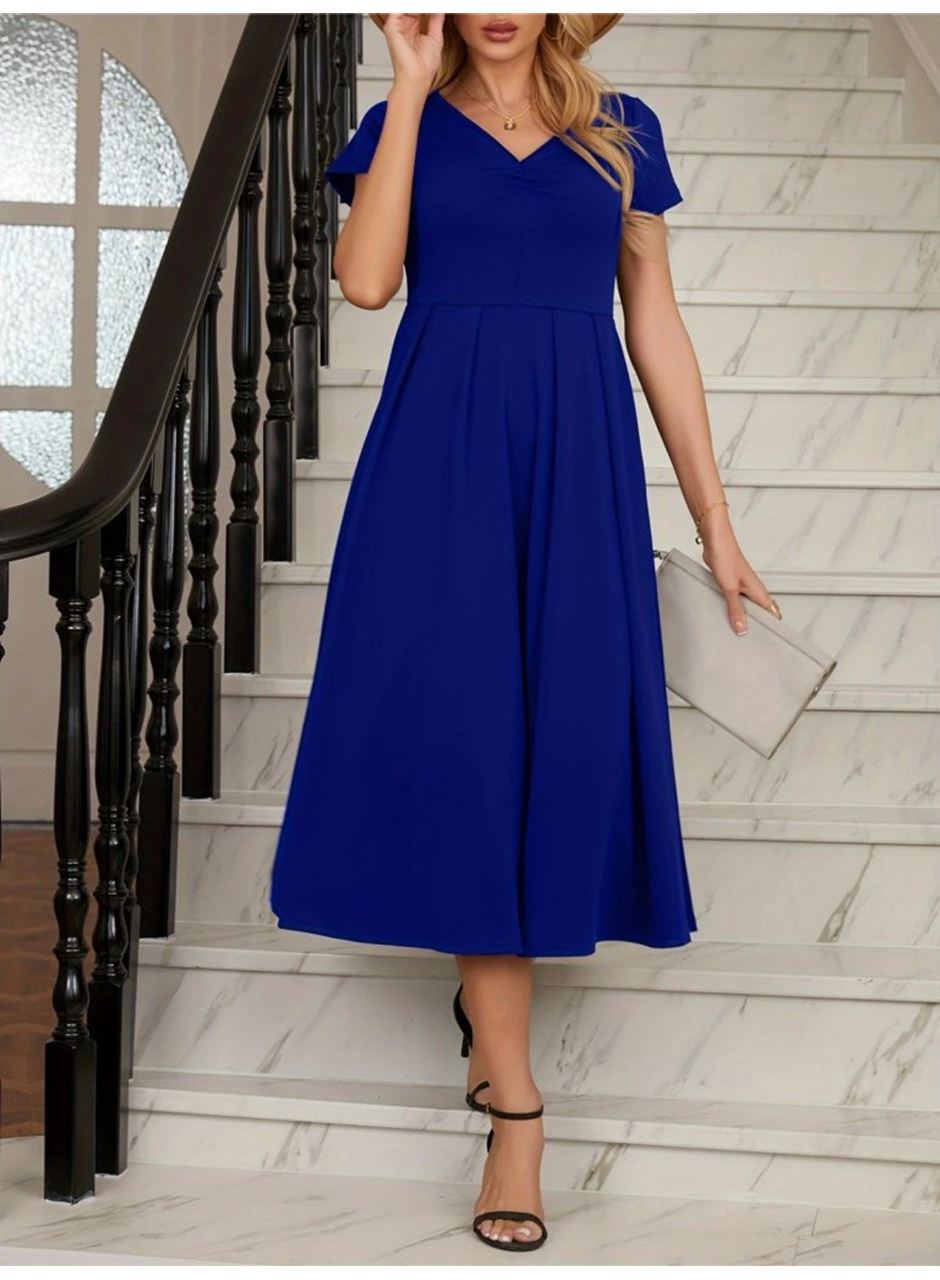 Kadın Kısa Kollu V Yakalı önden Pileli Midi Janjan Krep Elbise