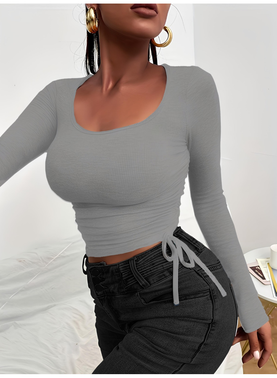 Kadın Uzun Kollu Yanlar Büzgü Detay Kaşkorse Crop