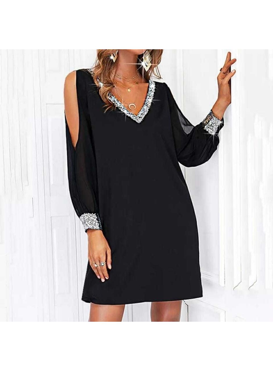 Kadın Uzun Kollu V Yaka Kollar Tül Yırtmaç Detay Kol Manşetleri Ve Yaka Payet Krep Elbise