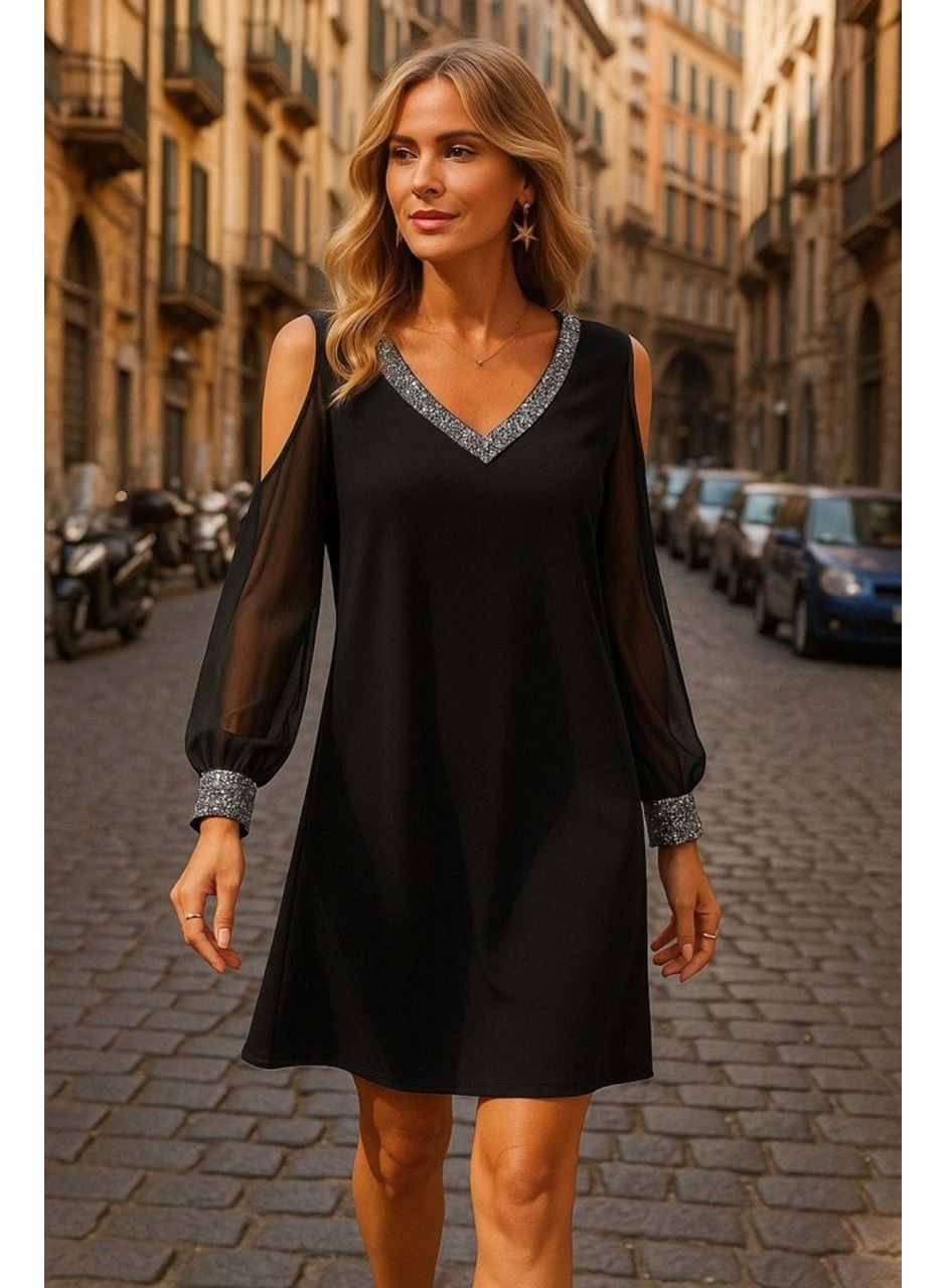 Kadın Uzun Kollu V Yaka Kollar Tül Yırtmaç Detay Kol Manşetleri Ve Yaka Payet Krep Elbise