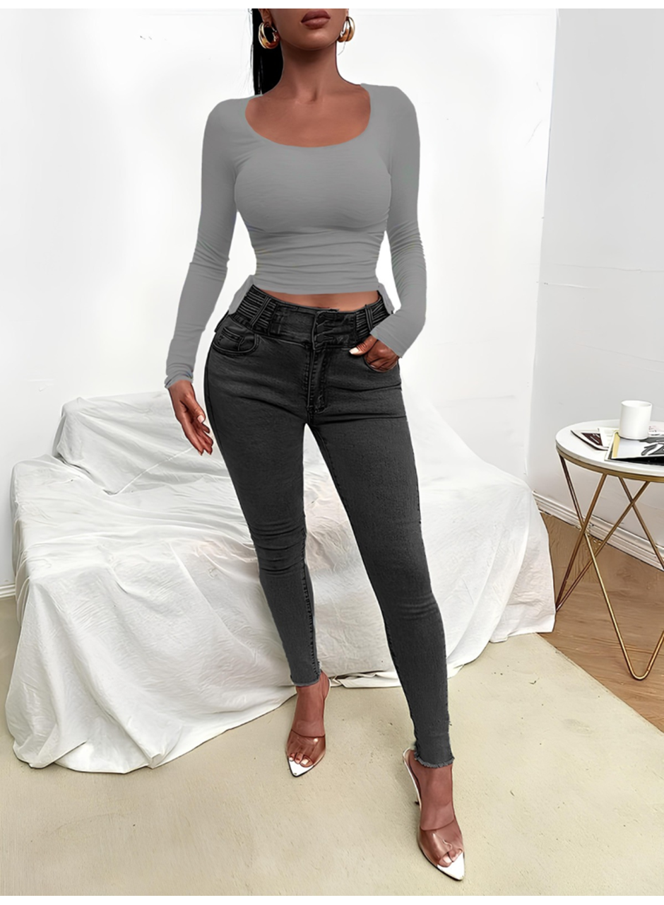 Kadın Uzun Kollu Yanlar Büzgü Detay Kaşkorse Crop