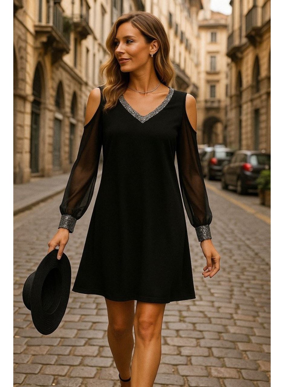 Kadın Uzun Kollu V Yaka Kollar Tül Yırtmaç Detay Kol Manşetleri Ve Yaka Payet Krep Elbise