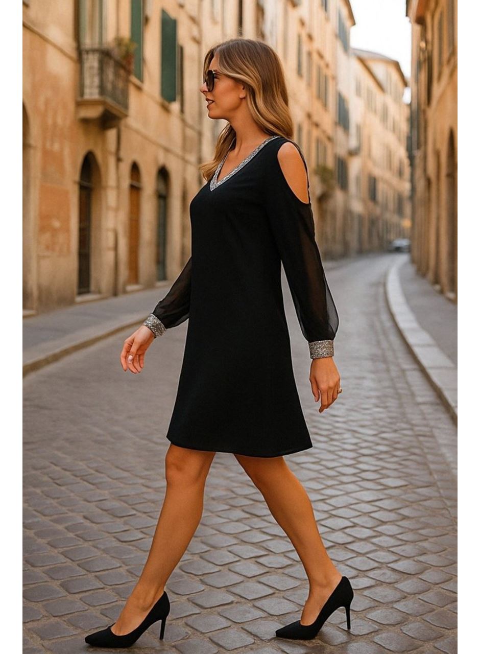 Kadın Uzun Kollu V Yaka Kollar Tül Yırtmaç Detay Kol Manşetleri Ve Yaka Payet Krep Elbise