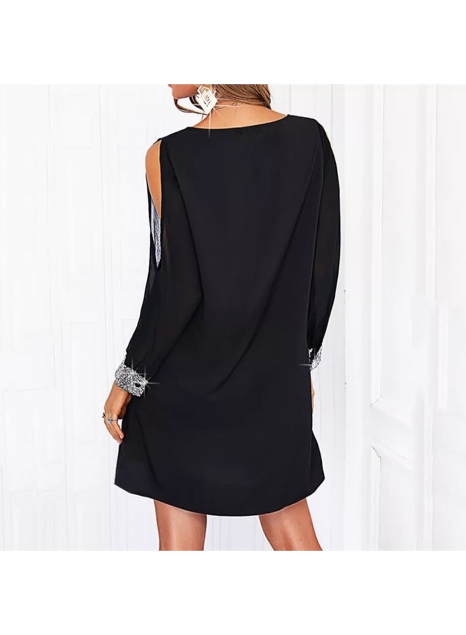 Kadın Uzun Kollu V Yaka Kollar Tül Yırtmaç Detay Kol Manşetleri Ve Yaka Payet Krep Elbise