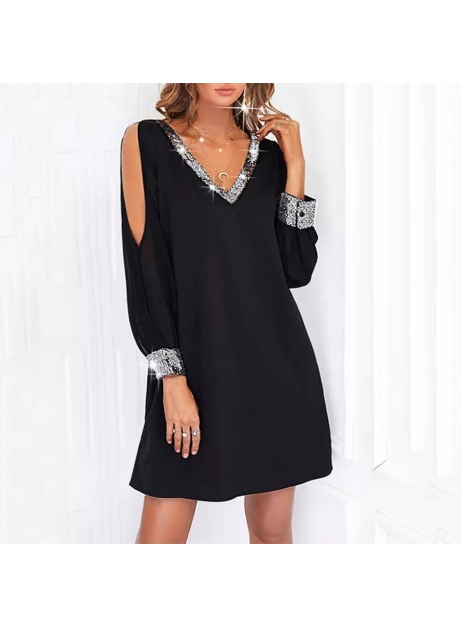 Kadın Uzun Kollu V Yaka Kollar Tül Yırtmaç Detay Kol Manşetleri Ve Yaka Payet Krep Elbise