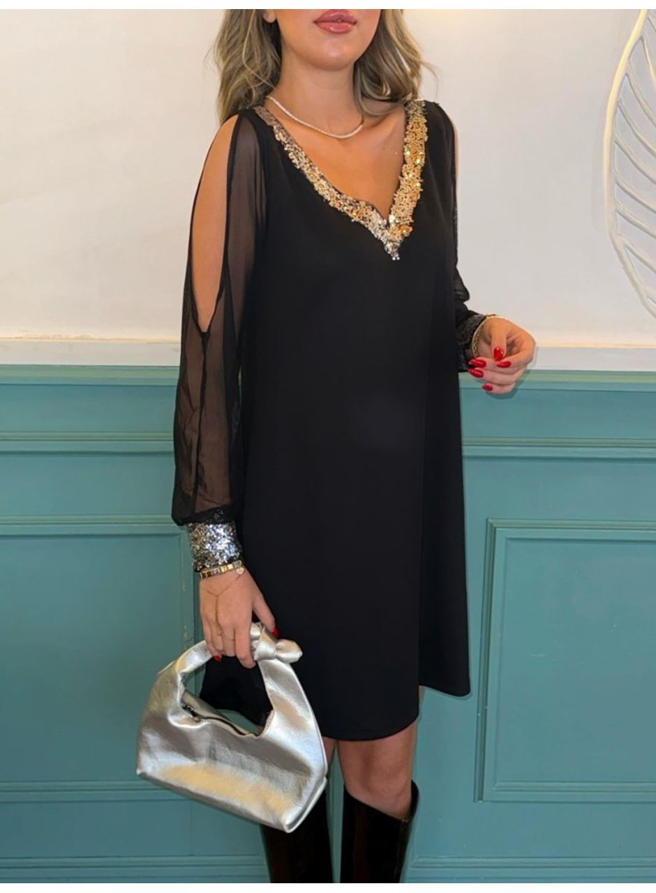 Kadın Uzun Kollu V Yaka Kollar Tül Yırtmaç Detay Kol Manşetleri Ve Yaka Payet Krep Elbise