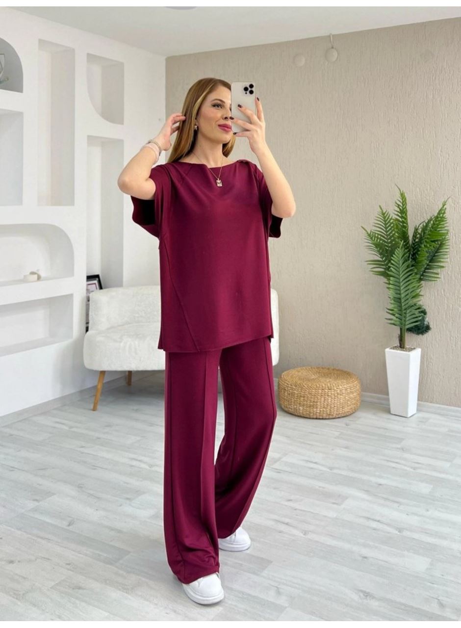 Kadın Kısa Kollu Kayık Yakalı Dikiş Izi Detaylı Viskon Iki Iplik Bluz Ve Pantolon Ikili Takım