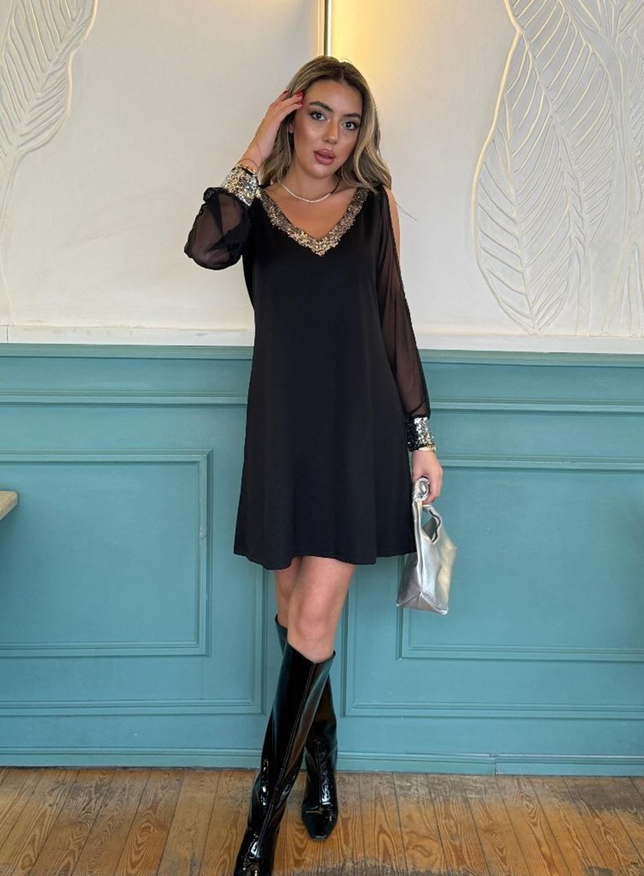 Kadın Uzun Kollu V Yaka Kollar Tül Yırtmaç Detay Kol Manşetleri Ve Yaka Payet Krep Elbise