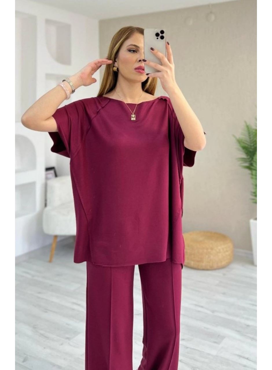 Kadın Kısa Kollu Kayık Yakalı Dikiş Izi Detaylı Viskon Iki Iplik Bluz Ve Pantolon Ikili Takım