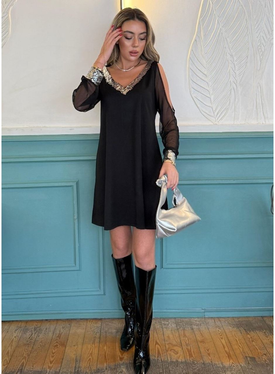 Kadın Uzun Kollu V Yaka Kollar Tül Yırtmaç Detay Kol Manşetleri Ve Yaka Payet Krep Elbise