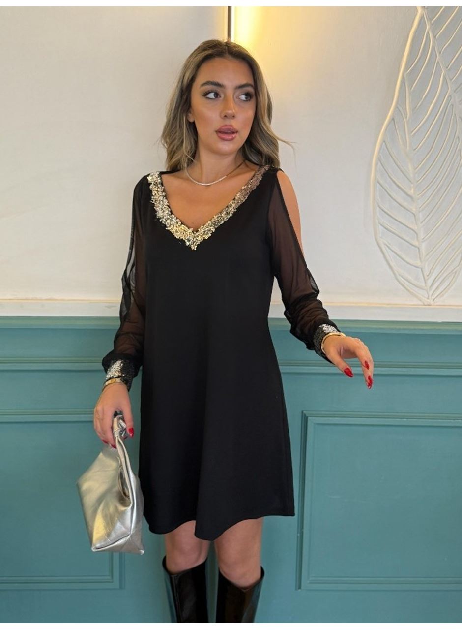 Kadın Uzun Kollu V Yaka Kollar Tül Yırtmaç Detay Kol Manşetleri Ve Yaka Payet Krep Elbise